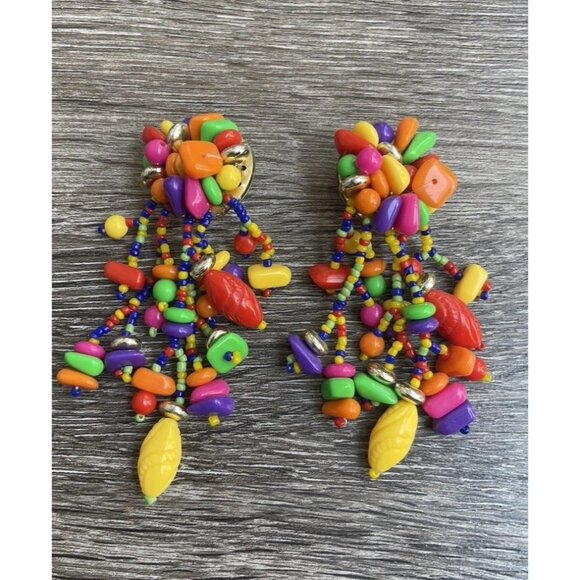Vintage Italian Cha Cha Dangle Clip On Earrings Multi Color Women’s Beads - Picture 3 of 8